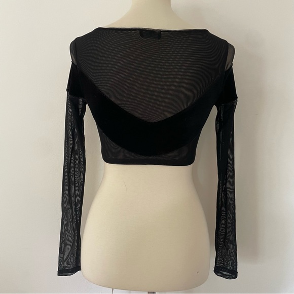 Naked Wardrobe Black Sheer Mesh And Velvet Long Sleeve Crop Top Size Small - Picture 4 of 7